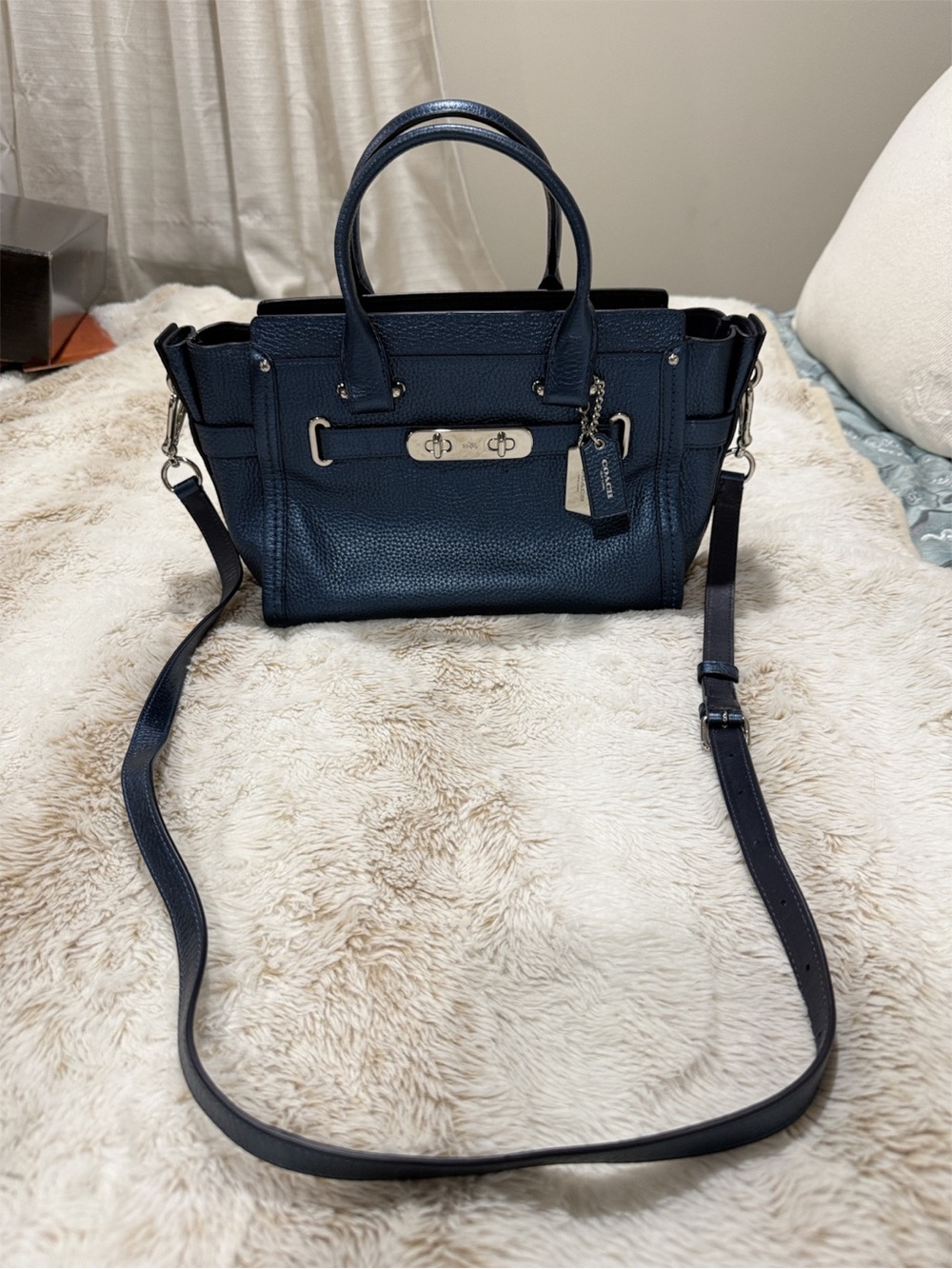Coach Swagger 27 Metallic Navy Pebbled Leather Satchel Crossbody – Discontinued - Picture 3 of 5